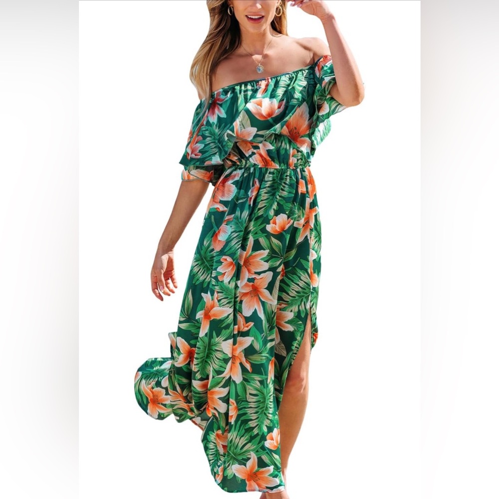 Floral Green and Orange Maxi Dress